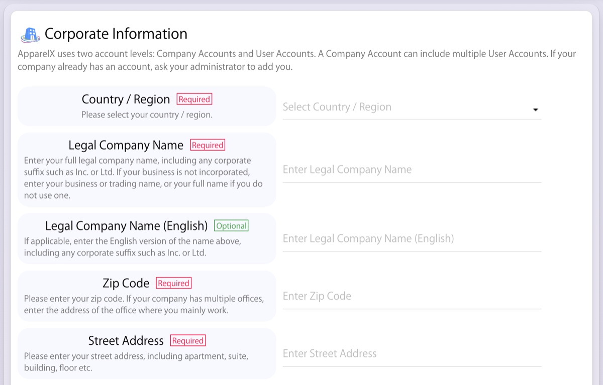 The Corporate Information section of the Account Registration page