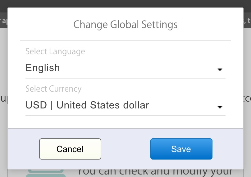 The Change Global Settings window with Select Language and Select Currency