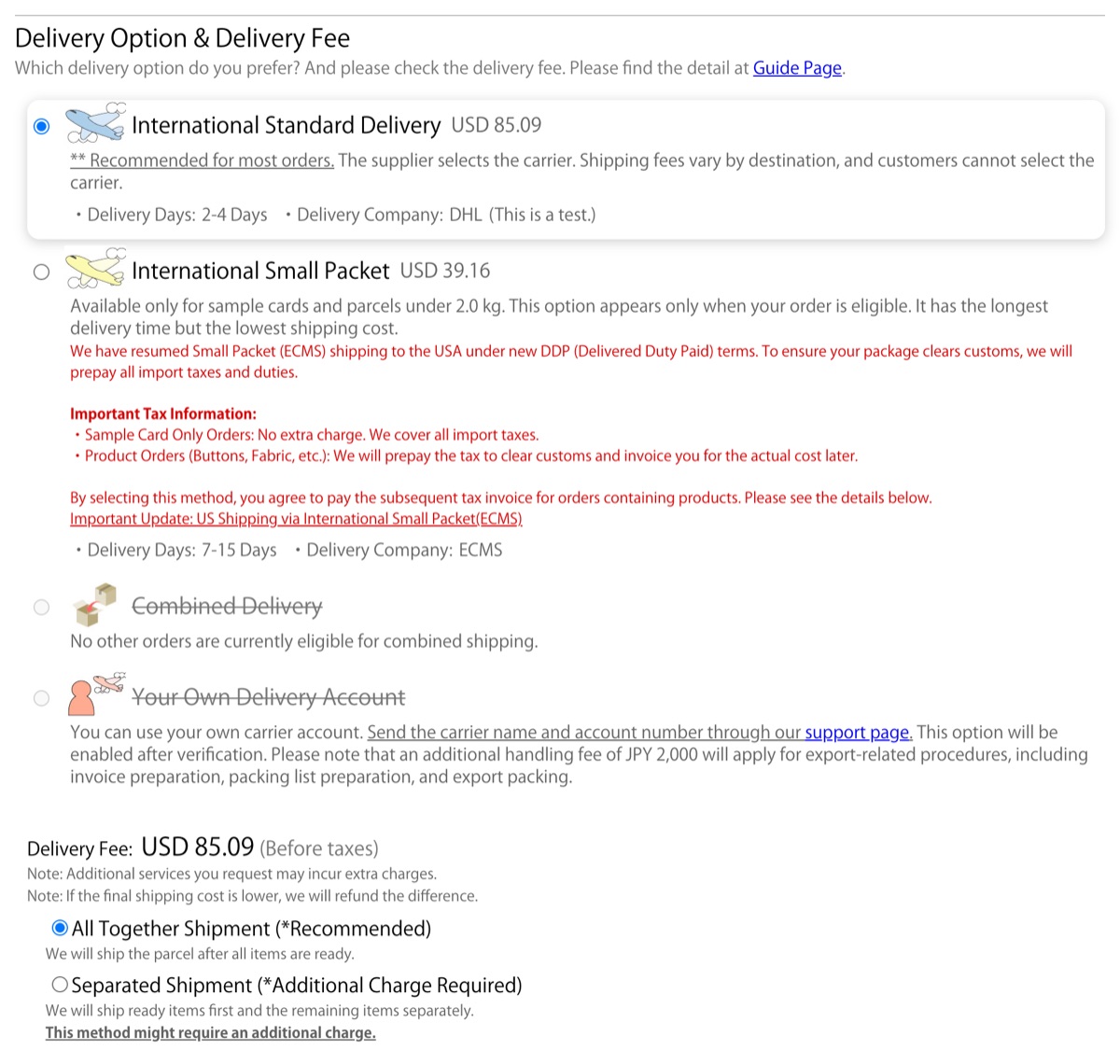 International delivery options at checkout with the delivery days and delivery company