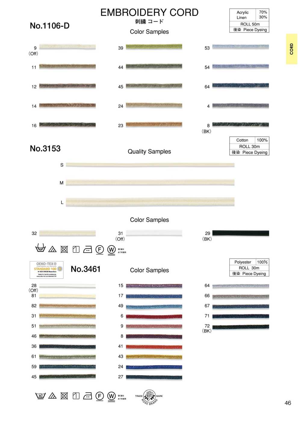 1106-D Embroidery Cord (Approx. 2 Mm)[Ribbon Tape Cord] ROSE BRAND(Marushin)