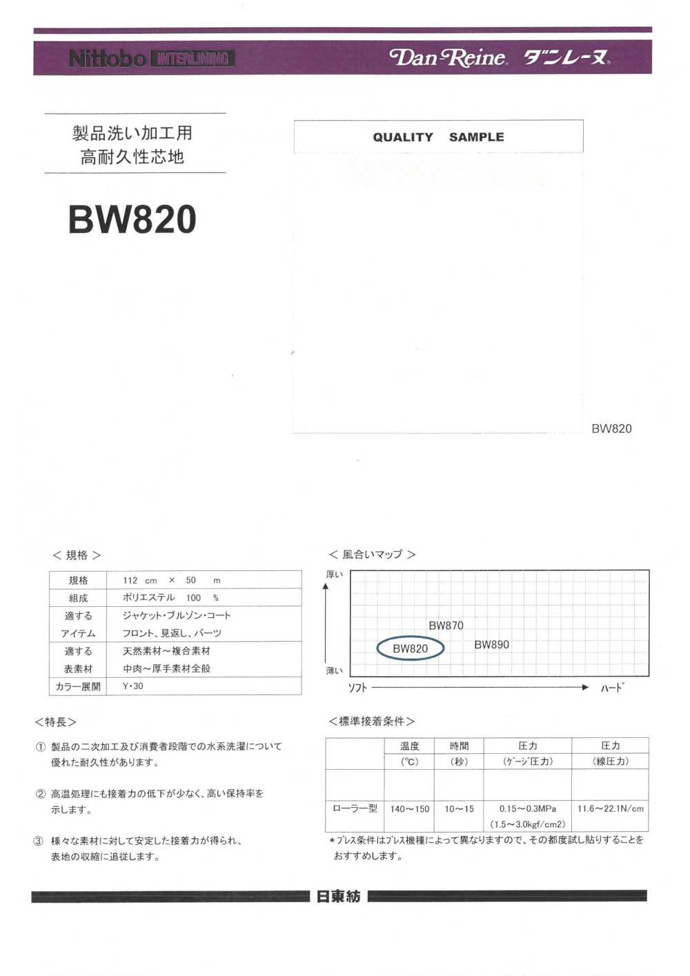 BW820 Product Washing Processing/water-based Washing Durable Interlining (30D) Nittobo