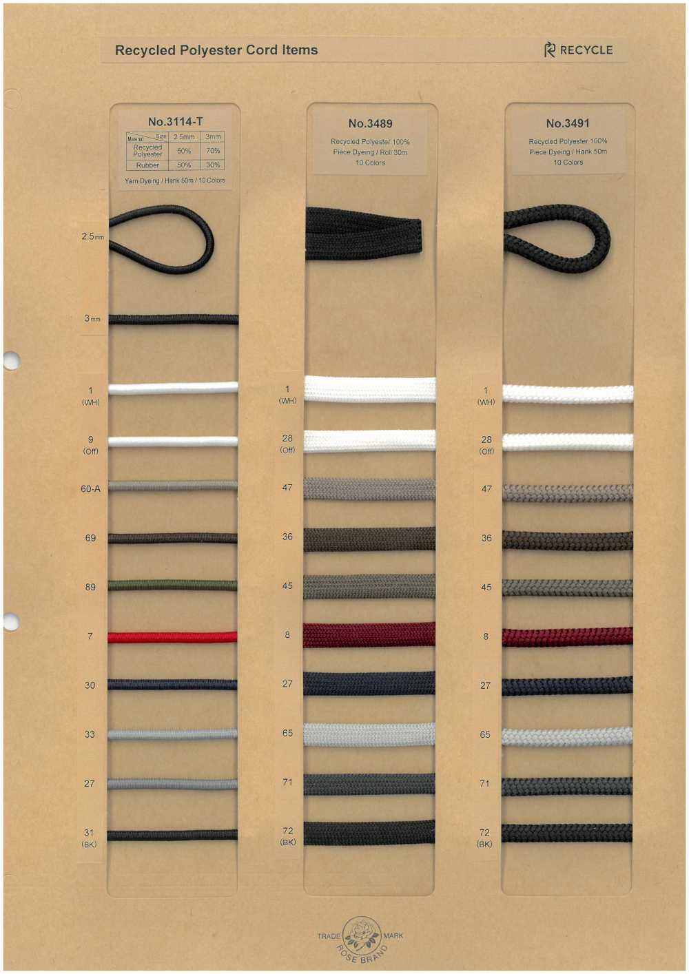 3491 Recycled Polyester Cord(Round Type)[Ribbon Tape Cord] ROSE BRAND(Marushin)