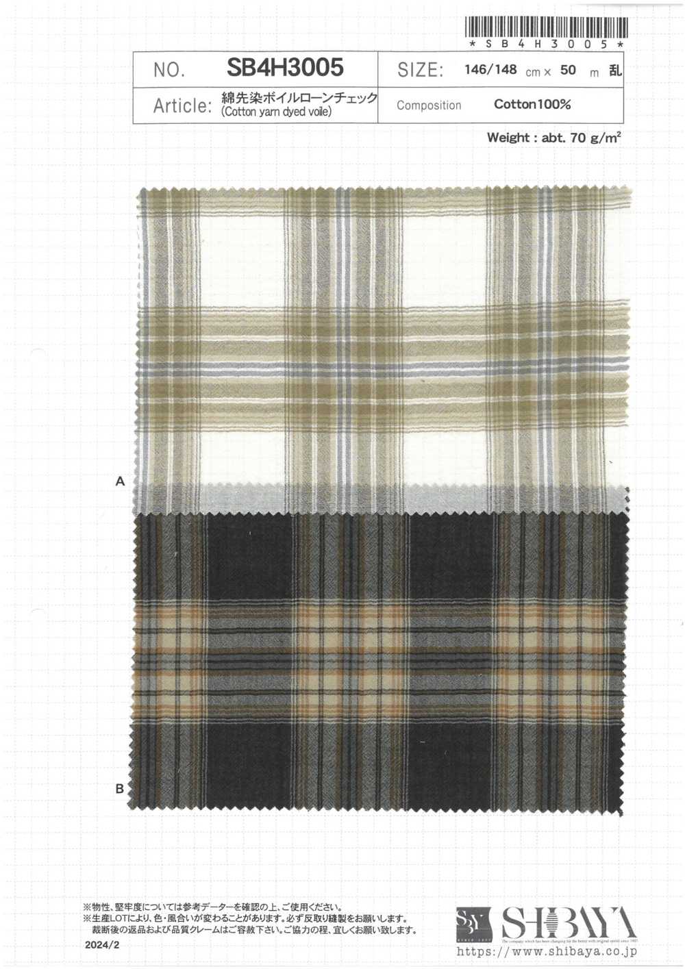 SB4H3005 Cotton Yarn-dyed Voile Lawn Check[Textile / Fabric] SHIBAYA