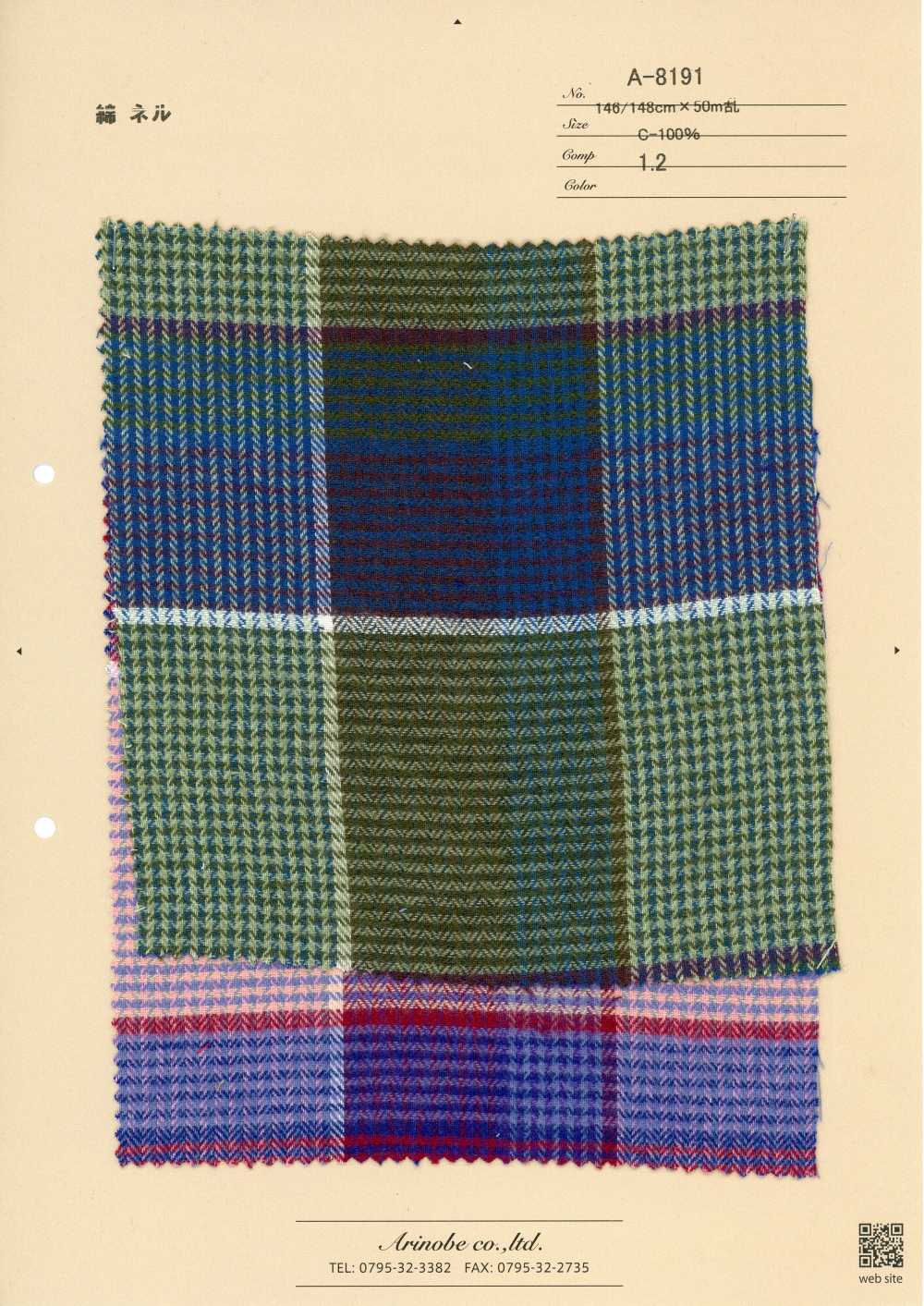 A-8191 Cotton Flannel Multicolor Block Check[Textile / Fabric] Arinobe Shoten