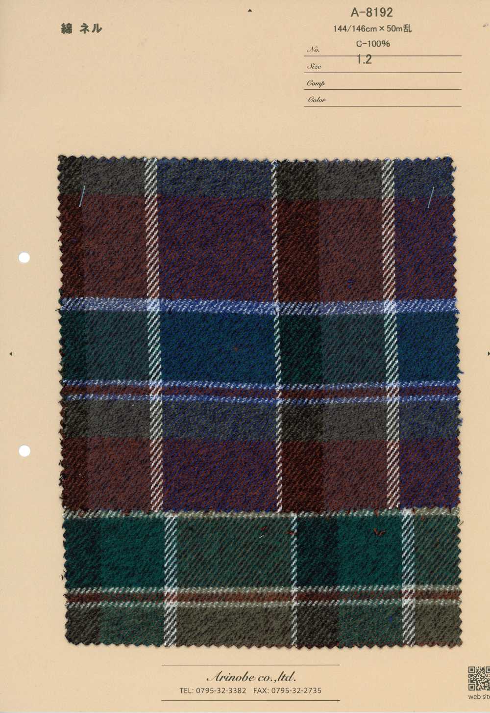 A-8192 Cotton Flannel Traditional Check[Textile / Fabric] Arinobe Shoten