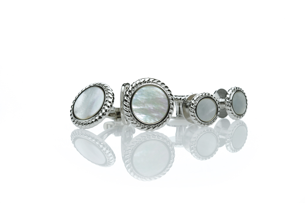 A-3 Sterling Silver Formal Cufflinks And Studs Set, Mother Of Pearl Shell Silver Round[Formal Accessories] Yamamoto(EXCY)