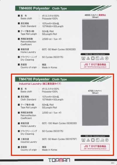 TM-4700-ST Reflective Silver Straight Tape, Industrial Laundry Resistant Type