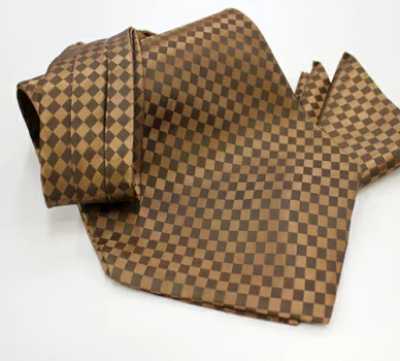 MS-5008 Hand-Tied Ascot Tie & Pocket Square Set Brown Check