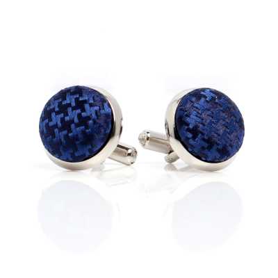 CUFF-V09 Covered Cufflinks Made With VANNERS Silk Fabric, Houndstooth Pattern, Navy Blue