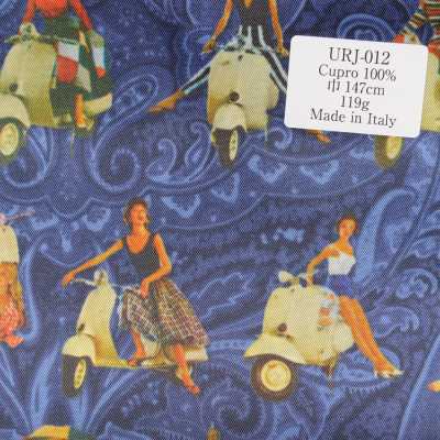 URJ-012 Made In Italy 100% Cupro Printed Lining Scooter Pattern Base Color Blue