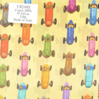 URJ-043 Made In Italy Cupro 100% Printed Lining, Yellow Classic Car Pattern