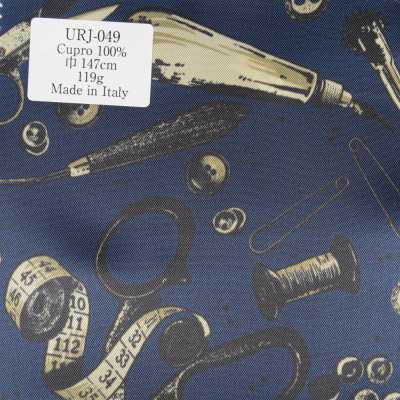 URJ-049 Made In Italy 100% Cupro Printed Lining, Tailoring Tools And Buttons Pattern, Blue