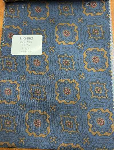 URJ-063 Made In Italy Cupro 100% Printed Lining, Base Navy Blue, Accent Brown
