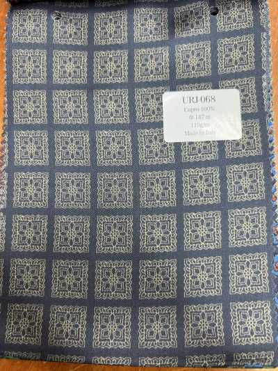 URJ-068 Italian-made 100% Cupro Printed Lining, Base Navy Blue, Beige Pattern