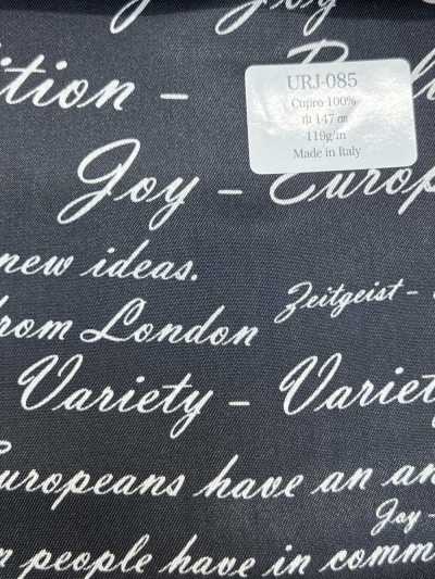URJ-085 Made In Italy Cupro 100% Printed Lining, Alphabet, Black