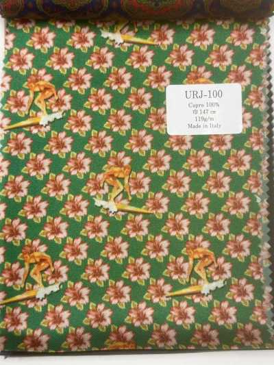 URJ-100 Italian-made 100% Cupro Printed Lining, Floral Pattern, Green