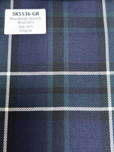 SK5536-GR Standard Japanese-made Silk Wool Stretch Check, Green