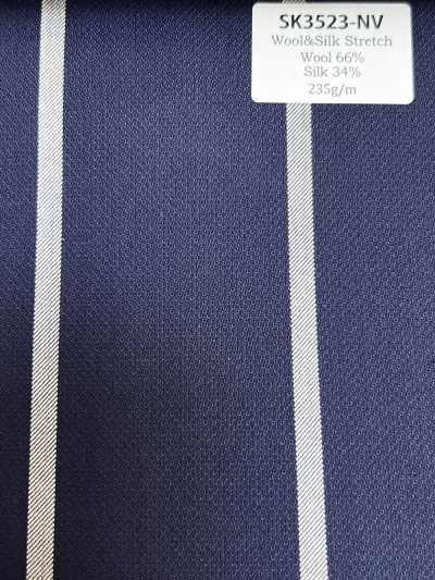 SK3523-NV Classic Japanese-Made Silk Wool Stretch Stripe, Navy Blue