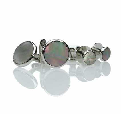 Formal Cuff &amp; Stud Set Black Mother Of Pearl Shell Silver Round