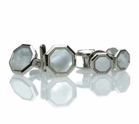 G-3 Formal Cufflinks & Stud Set Mother-of-Pearl Silver Octagonal