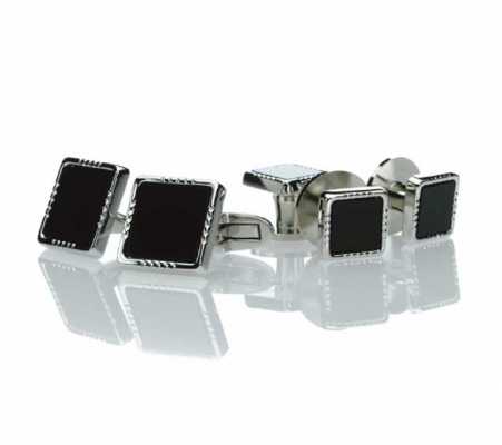 Sterling Silver Formal Cufflinks & Stud Set Onyx Silver Square